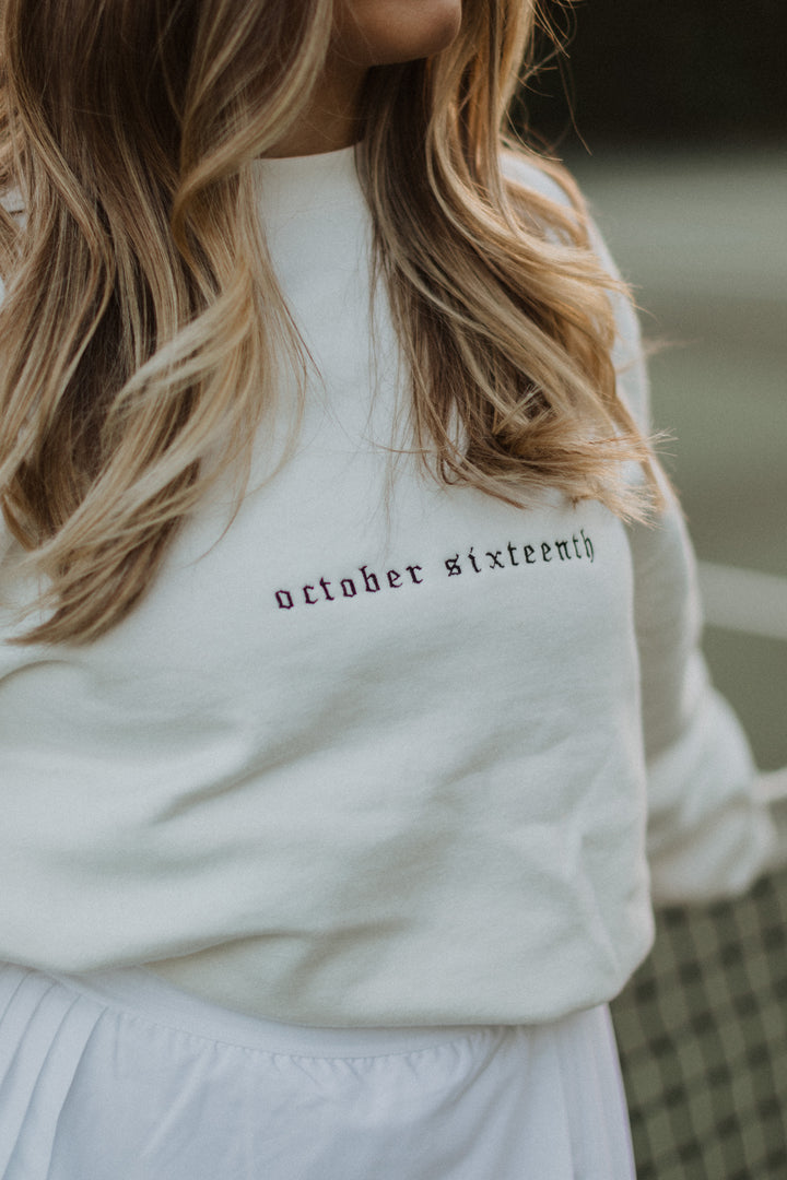 Custom embroidered crewneck with date embroidered 